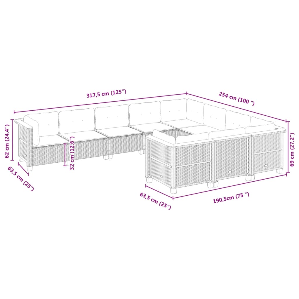 10-dijelni set vrtnih sofa s jastucima bež od poliratana 63.5 x 63.5 x 62 cm