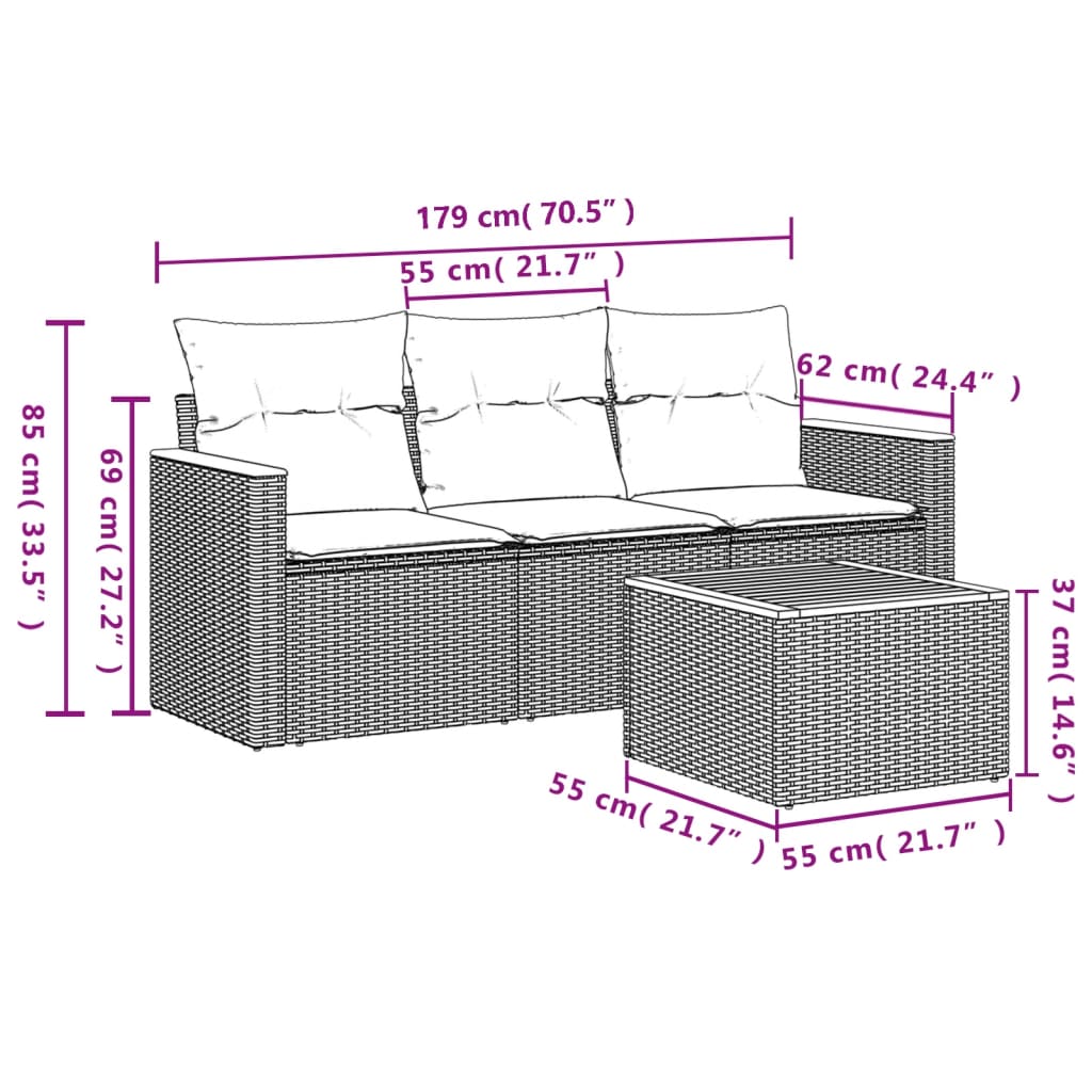 4-dijelni set vrtnih sofa od poliratana s jastucima crni
