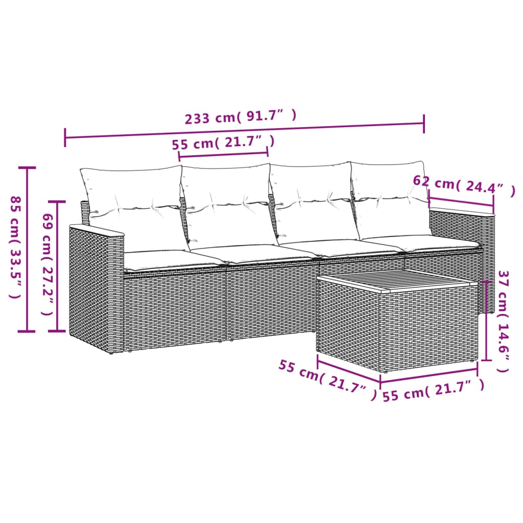 5-dijelni vrtni set sofa s jastucima bež od poliratana