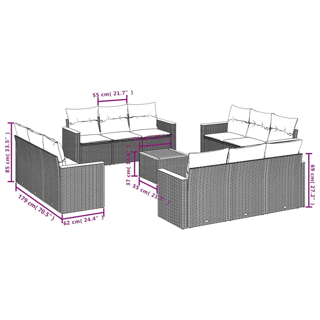 13-dijelni set vrtnih sofa s jastucima poliratan crni