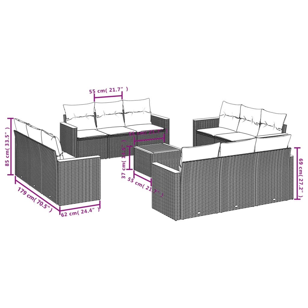 13-dijelni set vrtnih sofa s jastucima poliratan crni