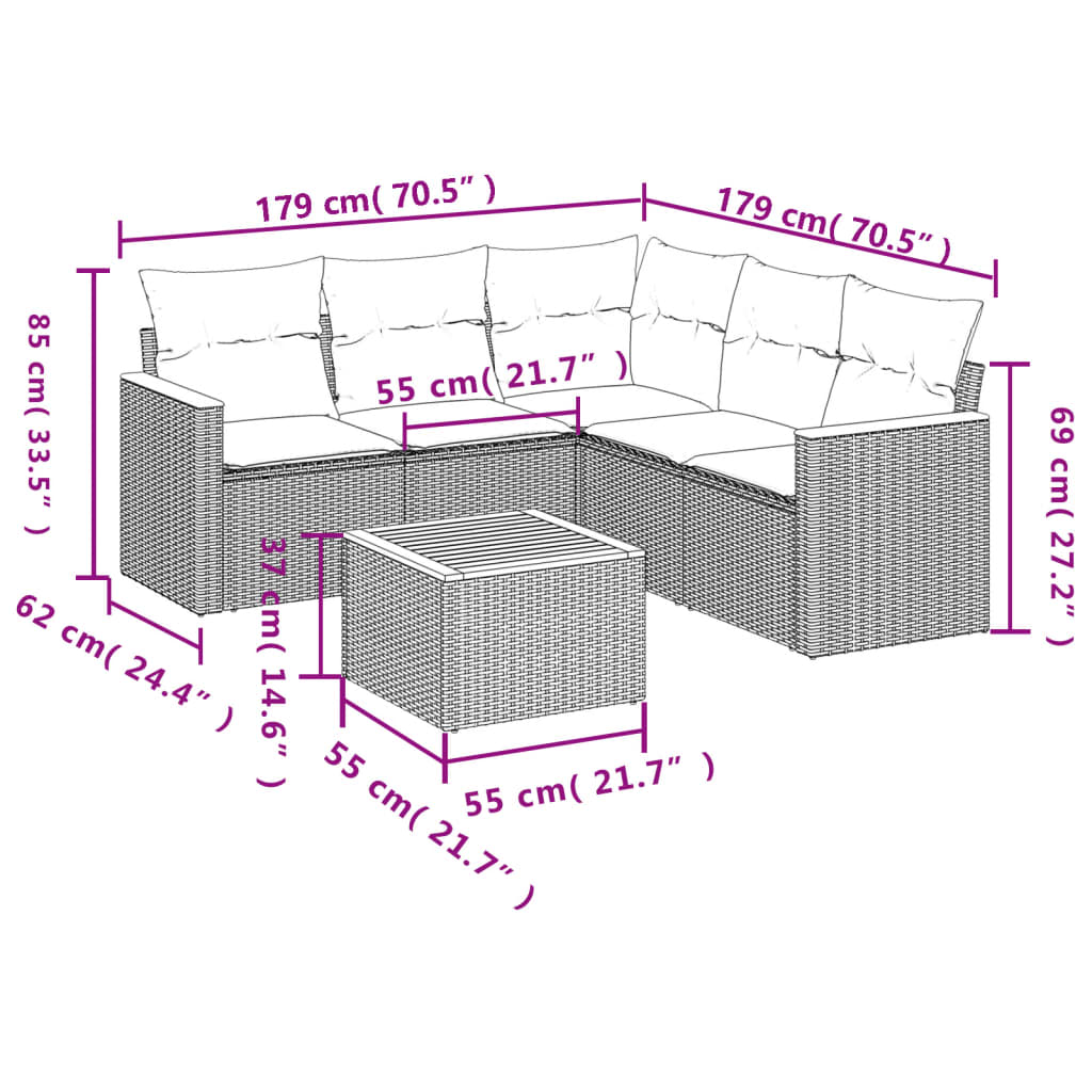6-dijelni set vrtnih sofa od poliratana s jastucima sivi