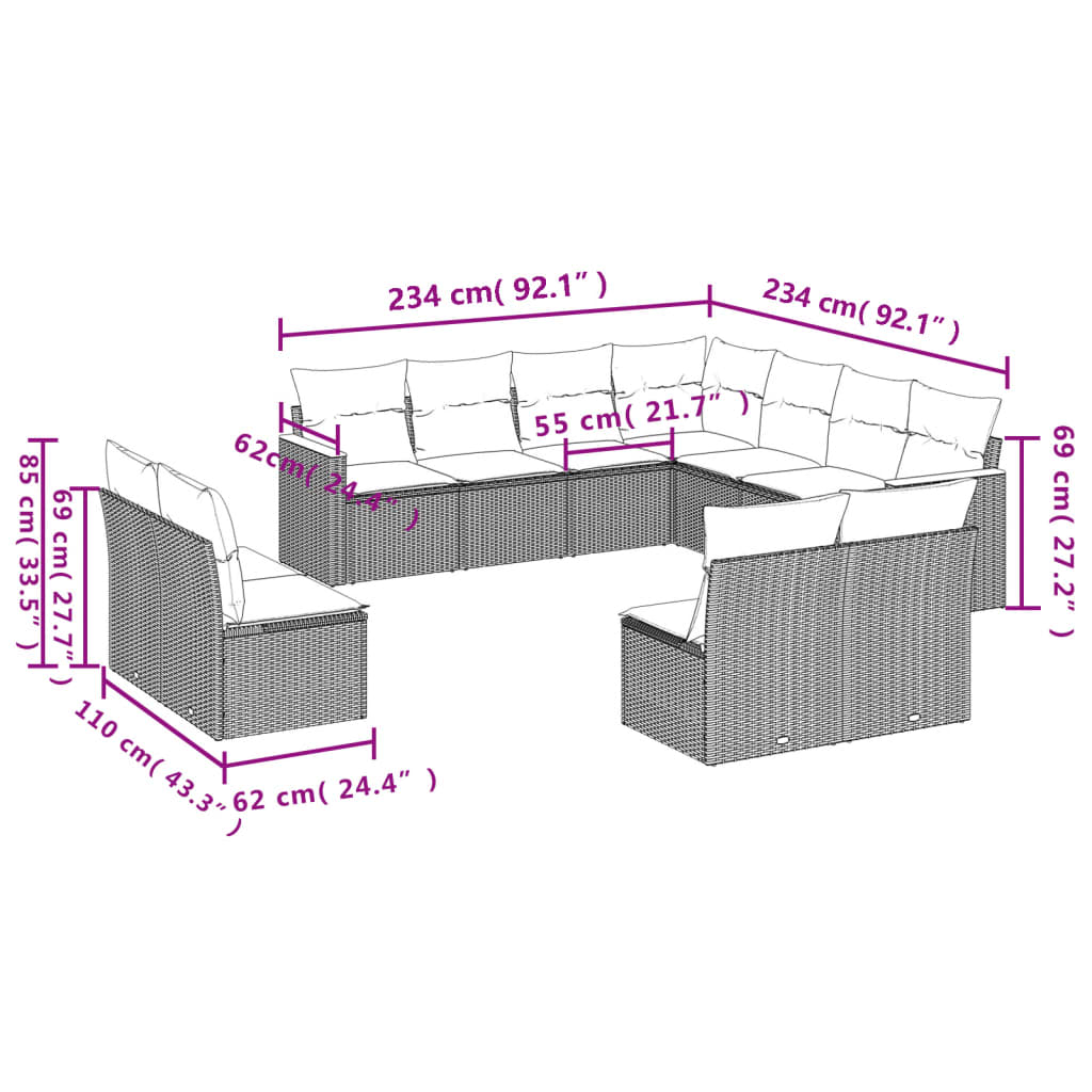 11-dijelni set vrtnih sofa od poliratana s jastucima sivi