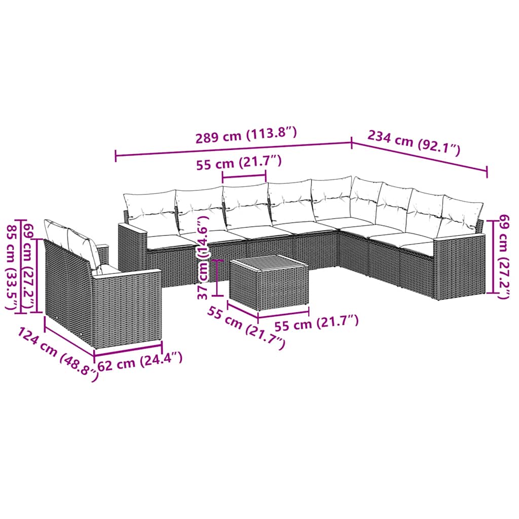 11-dijelni set vrtnih sofa od poliratana s jastucima crni