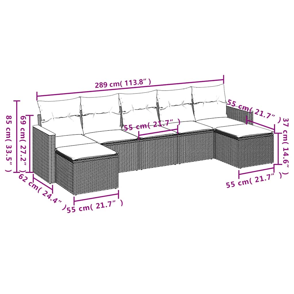 7-dijelni set vrtnih sofa od poliratana s jastucima crni