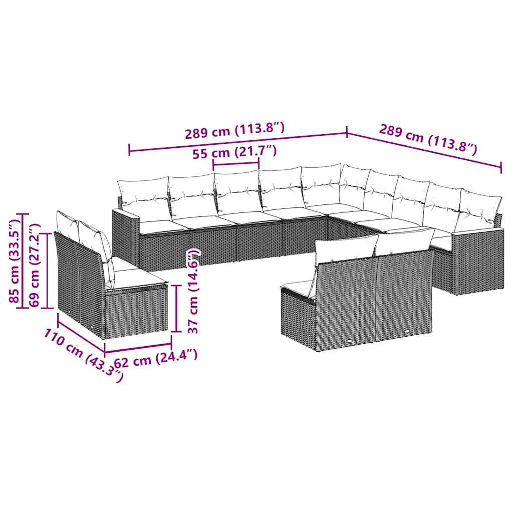 13-dijelni set vrtnih sofa s jastucima poliratan crni