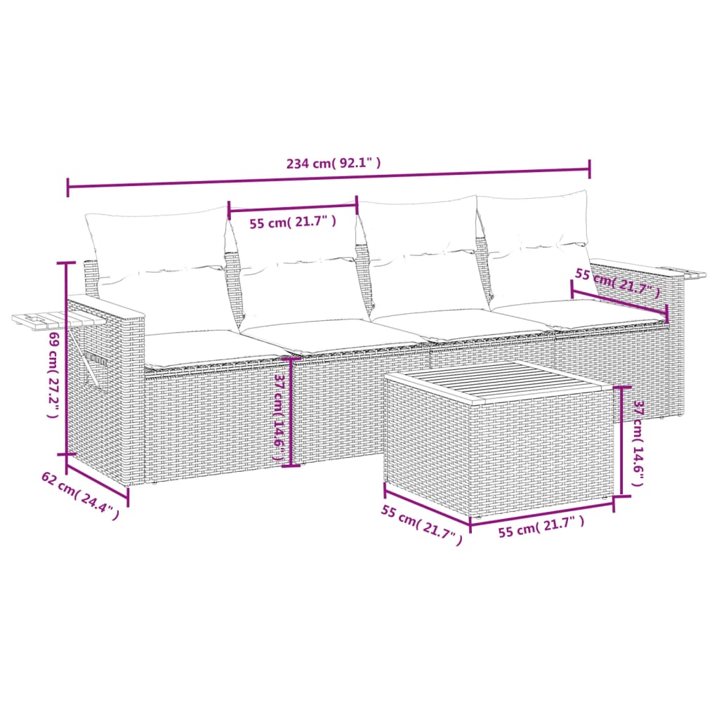 5-dijelni vrtni set sofa s jastucima bež od poliratana