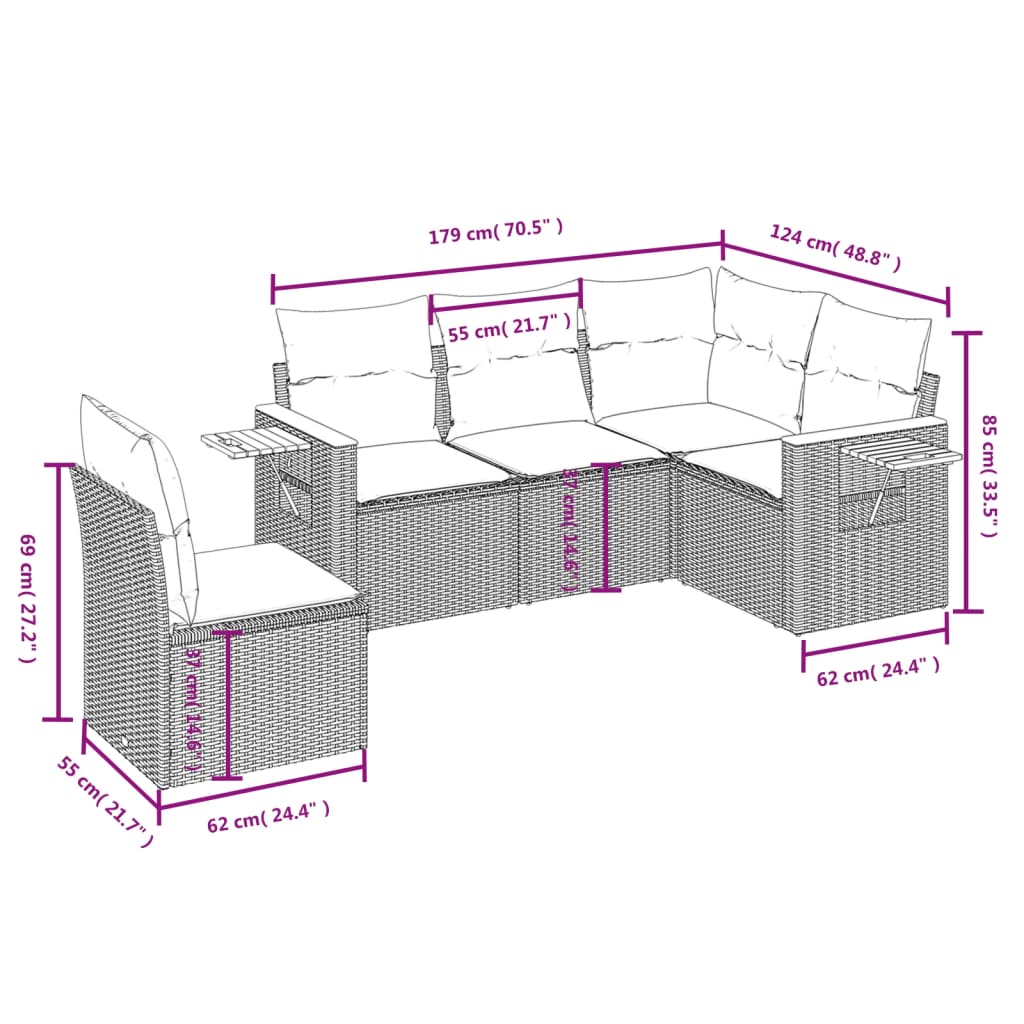 5-dijelni vrtni set sofa s jastucima bež od poliratana