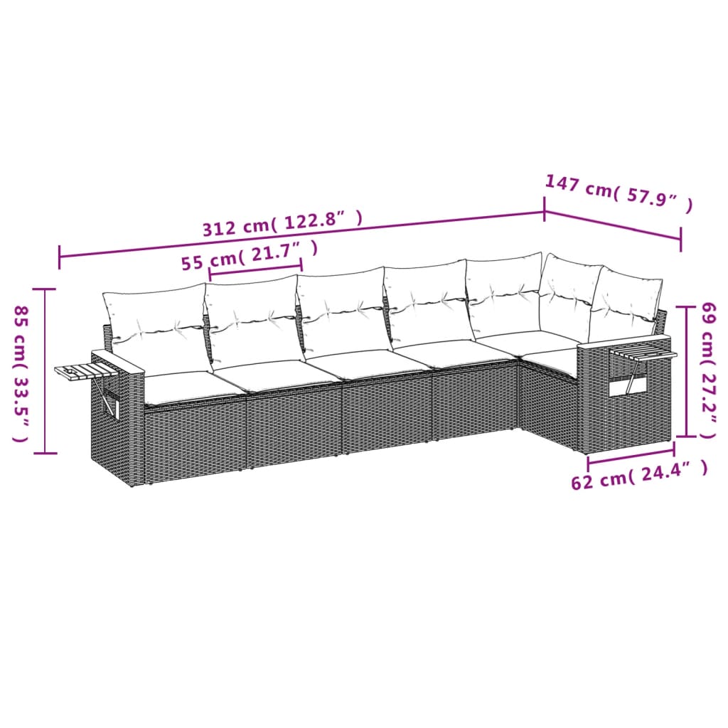 6-dijelni set vrtnih sofa od poliratana s jastucima sivi