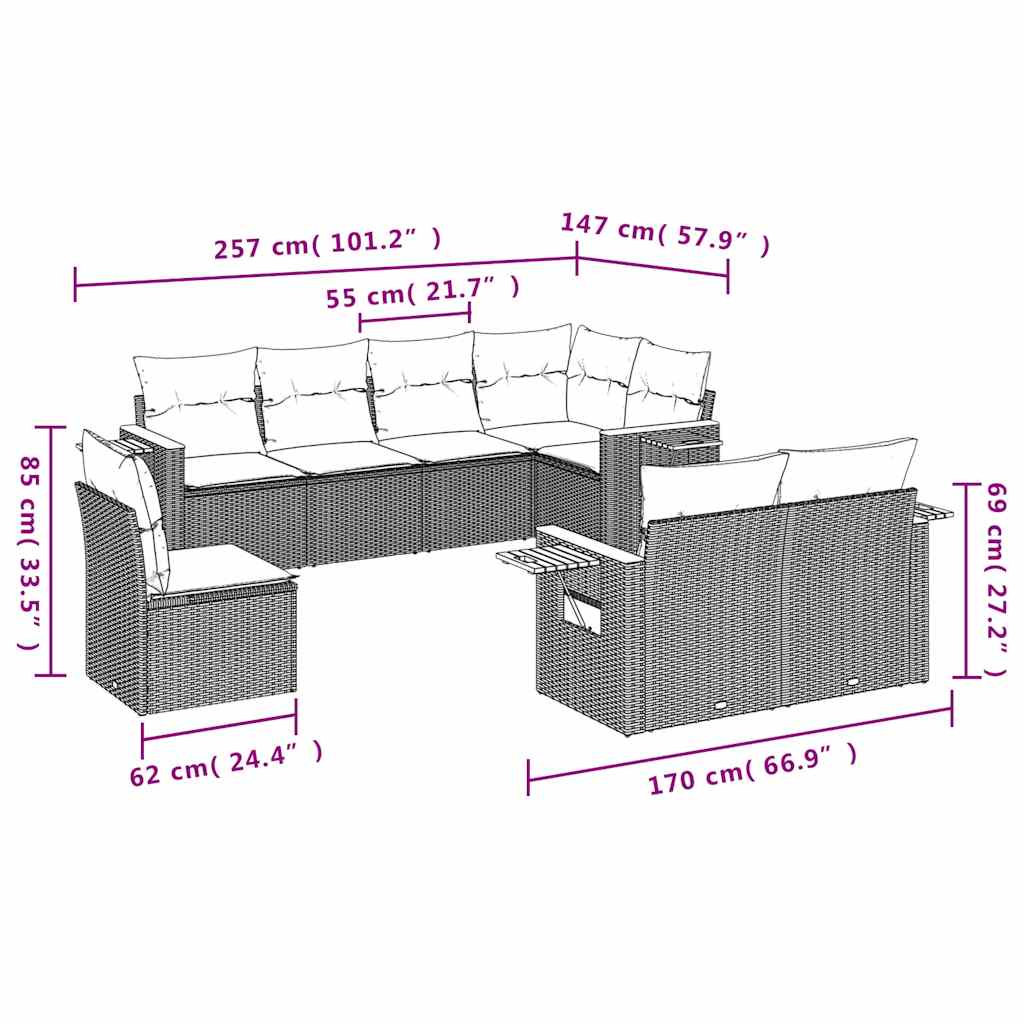 8-dijelni set vrtnih sofa od poliratana s jastucima crni