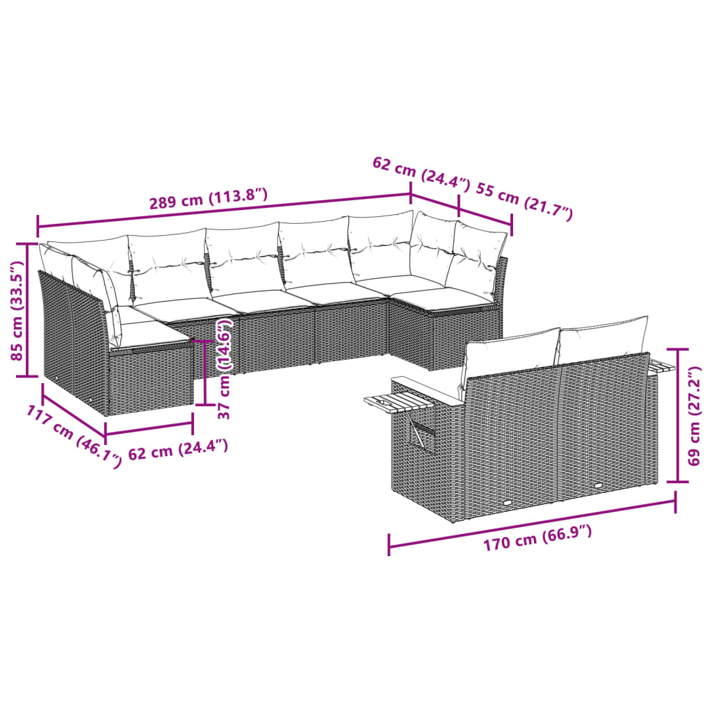 9-dijelni set vrtnih sofa s jastucima crni od poliratana