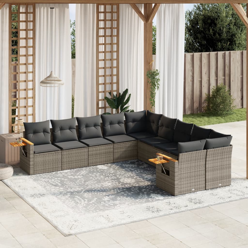 10-dijelni set vrtnih sofa od poliratana s jastucima sivi