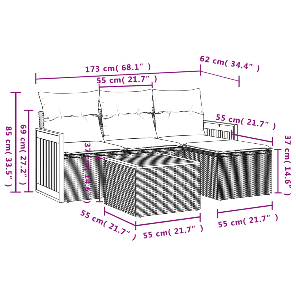 5-dijelni vrtni set sofa s jastucima bež od poliratana