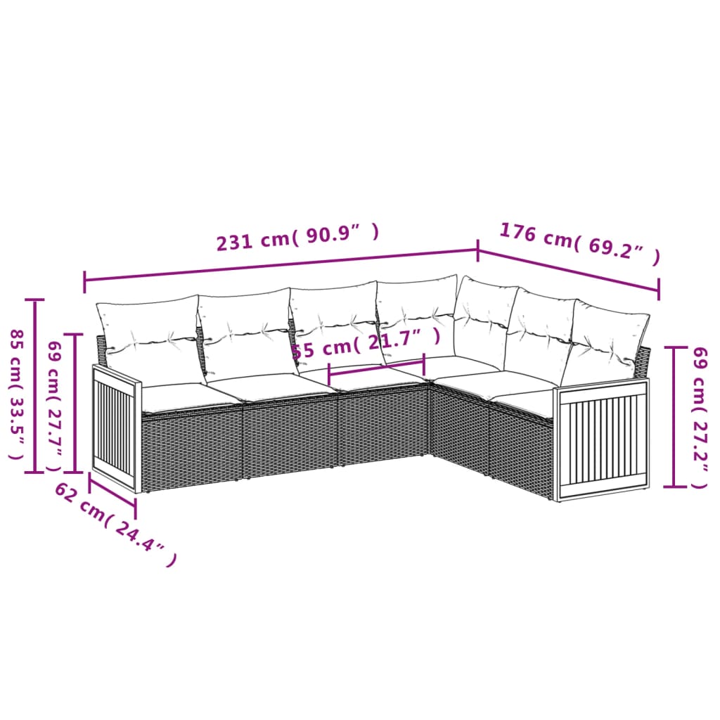 6-dijelni set vrtnih sofa s jastucima crni od poliratana
