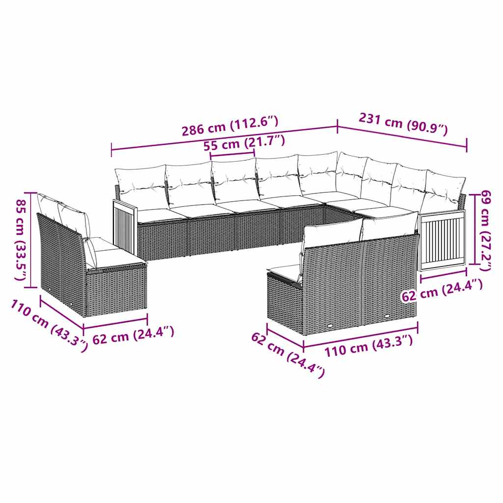12-dijelni set vrtnih sofa od poliratana s jastucima crni