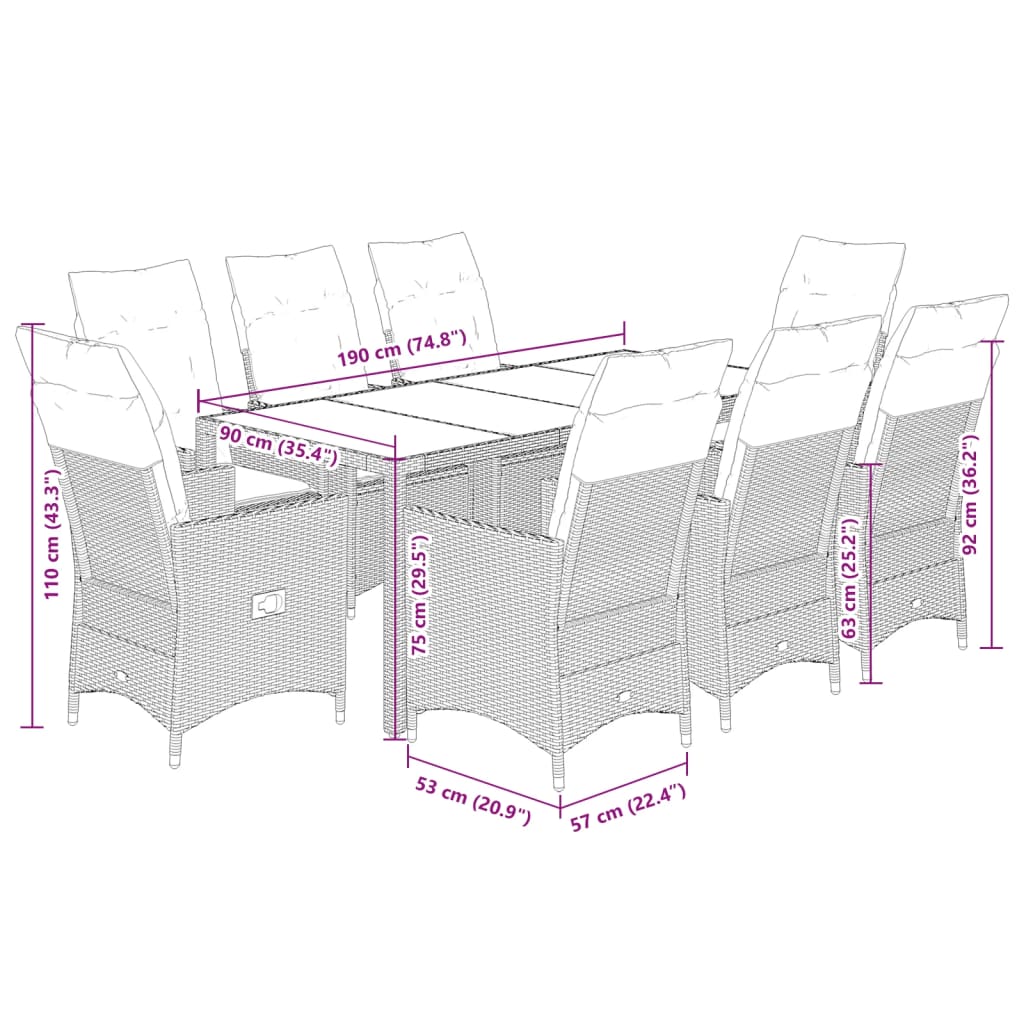 9-dijelni vrtni blagovaonski set s jastucima crni od poliratana Crna 190 x 90 x 75 cm