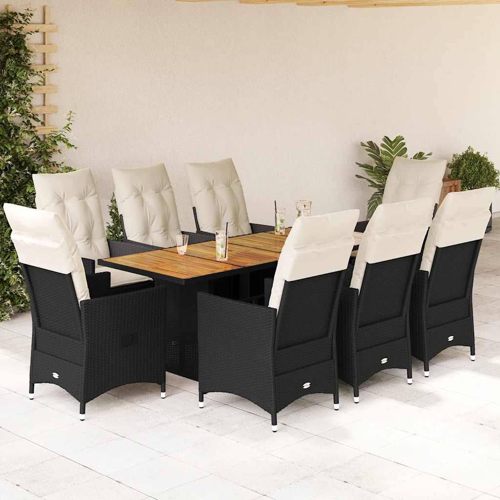 9-dijelni vrtni blagovaonski set s jastucima crni od poliratana Crna 190 x 80 x 75 cm