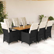 9-dijelni vrtni blagovaonski set s jastucima crni od poliratana Crna 190 x 80 x 75 cm