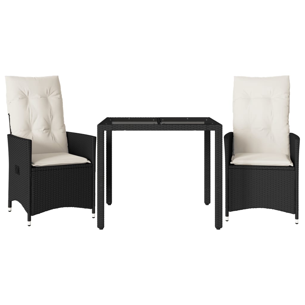 3-dijelni bistro set s jastucima crni od poliratana Crna 90 x 90 x 75 cm