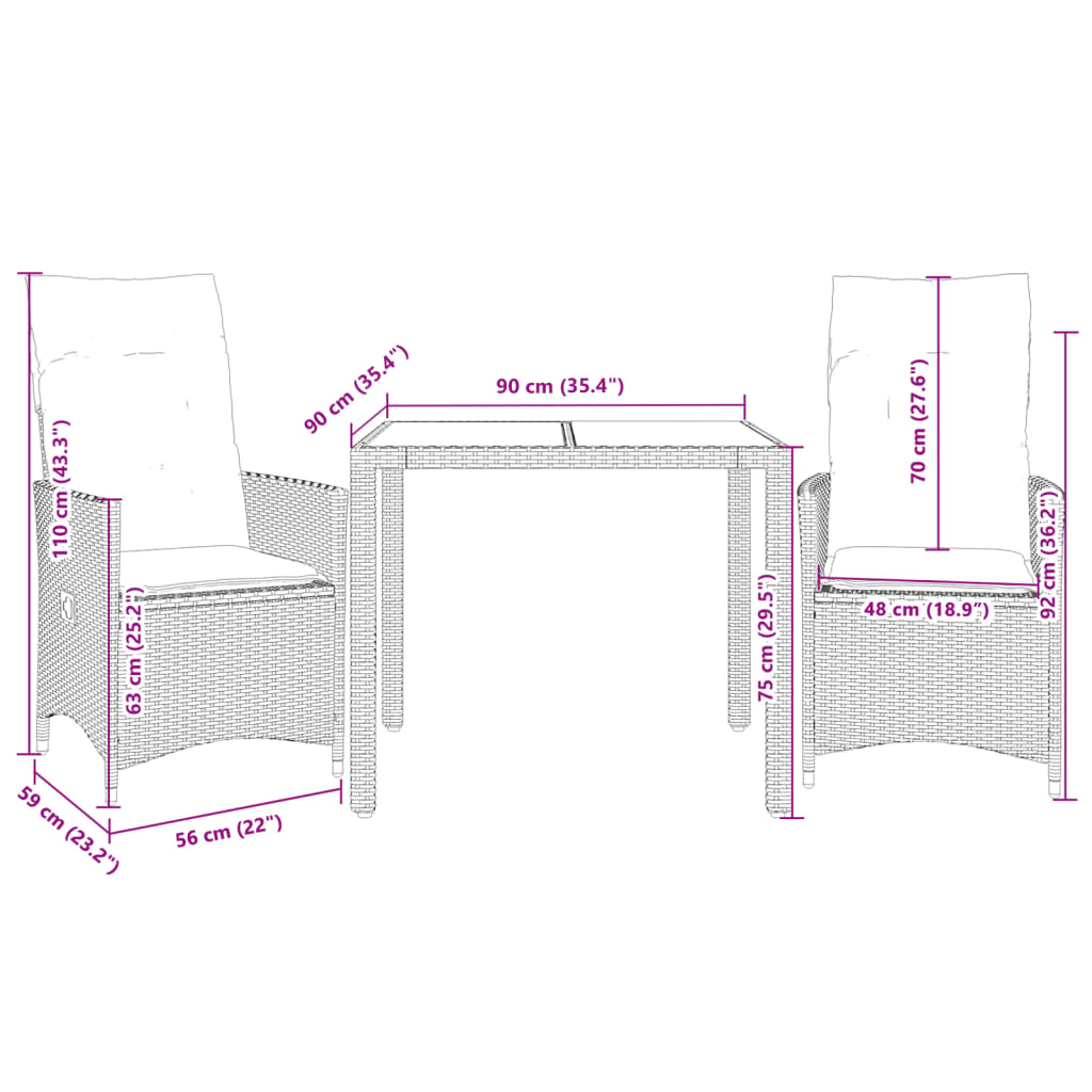 3-dijelni bistro set s jastucima crni od poliratana Crna 90 x 90 x 75 cm