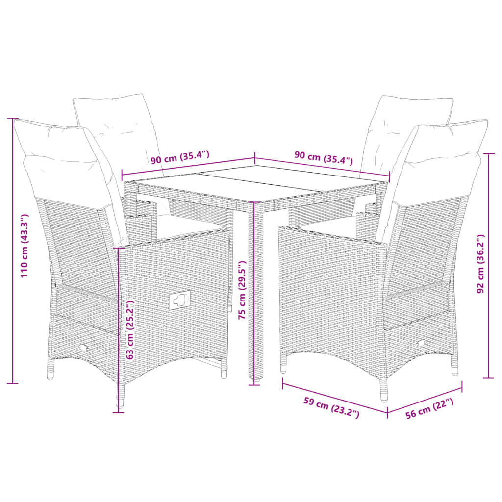 5-dijelni vrtni blagovaonski set s jastucima od poliratana crni Crna 90 x 90 x 75 cm