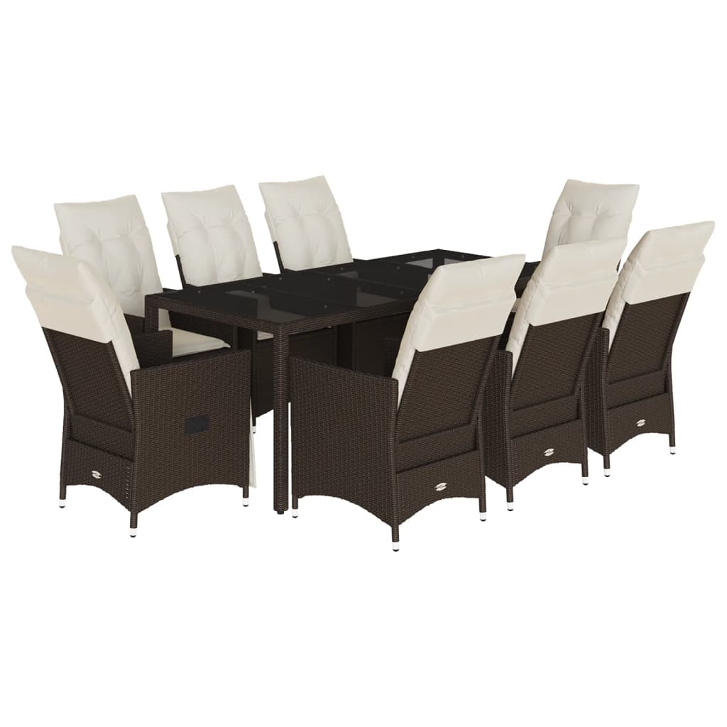 9-dijelni vrtni blagovaonski set s jastucima poliratan smeđi Smeđa 190 x 90 x 75 cm
