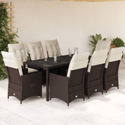 9-dijelni vrtni blagovaonski set s jastucima poliratan smeđi Smeđa 190 x 90 x 75 cm