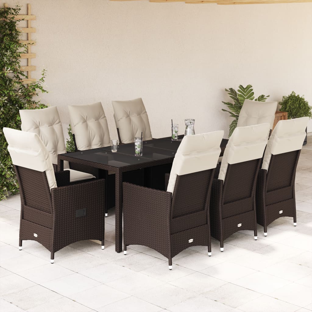 9-dijelni vrtni blagovaonski set s jastucima poliratan smeđi Smeđa 190 x 90 x 75 cm