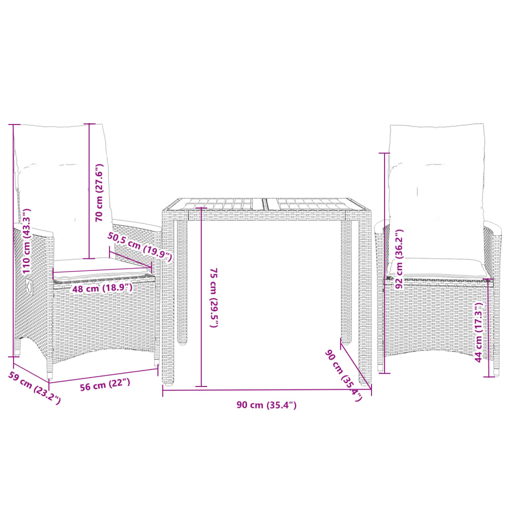 3-dijelni bistro set s jastucima crni od poliratana Crna 90 x 90 x 75 cm