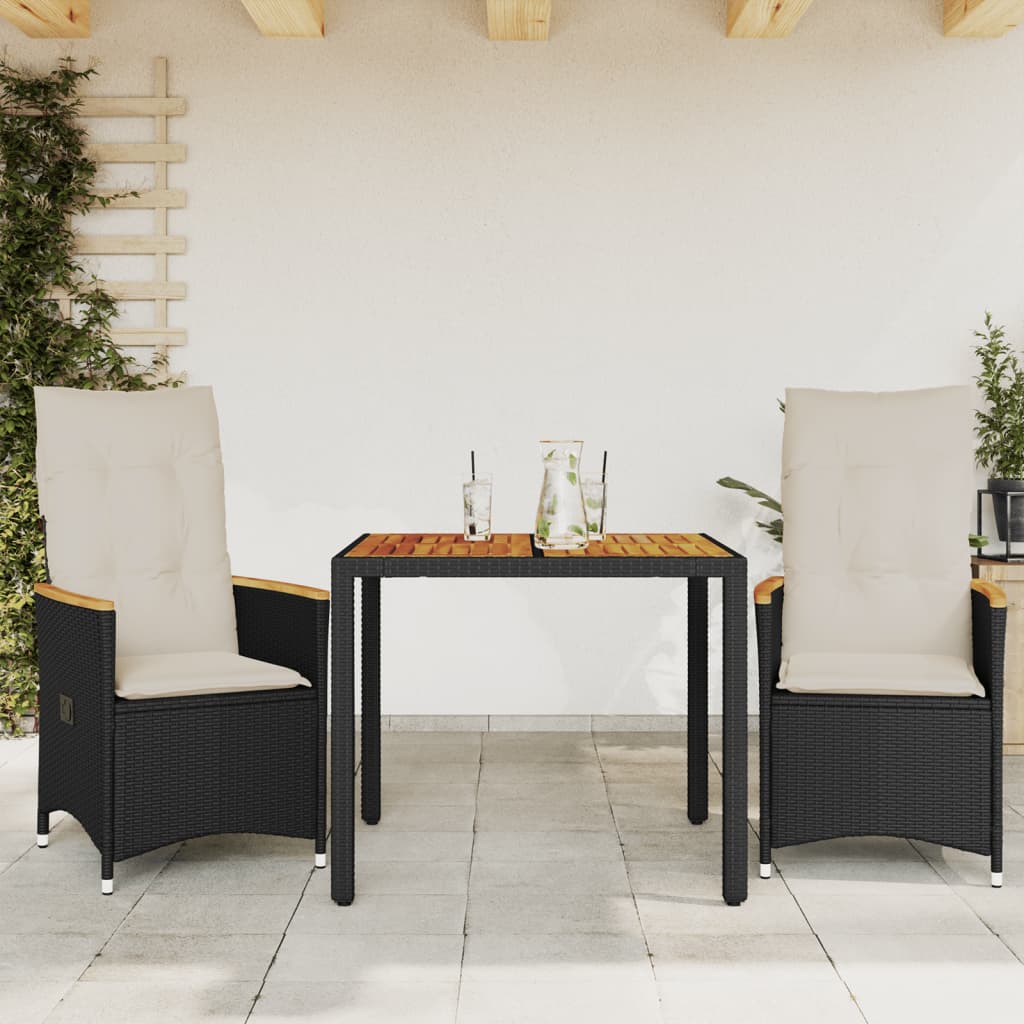 3-dijelni bistro set s jastucima crni od poliratana Crna 90 x 90 x 75 cm