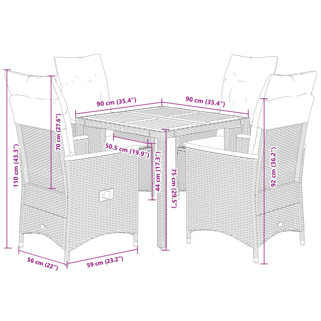 5-dijelni vrtni blagovaonski set s jastucima od poliratana crni Crna 90 x 90 x 75 cm