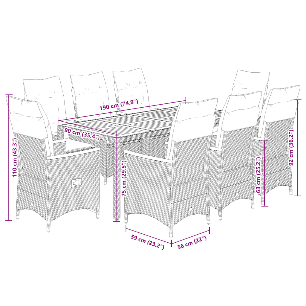 9-dijelni vrtni blagovaonski set sivi od poliratana Siva 190 x 90 x 75 cm