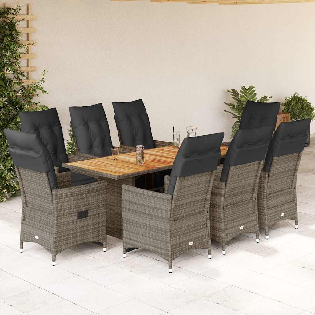 9-dijelni vrtni bistro set od poliratana s jastucima sivi Siva 190 x 80 x 75 cm