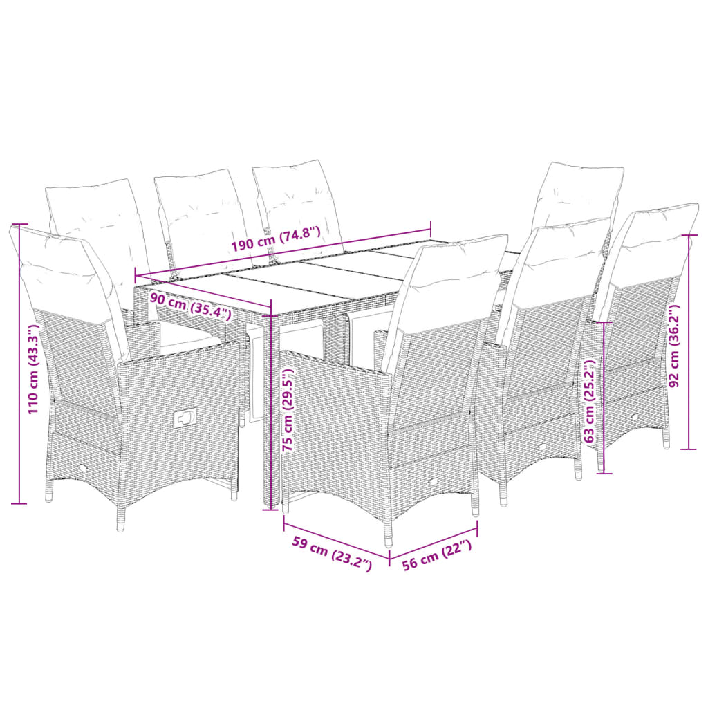 9-dijelni vrtni bistro set od poliratana s jastucima sivi Siva 190 x 90 x 75 cm
