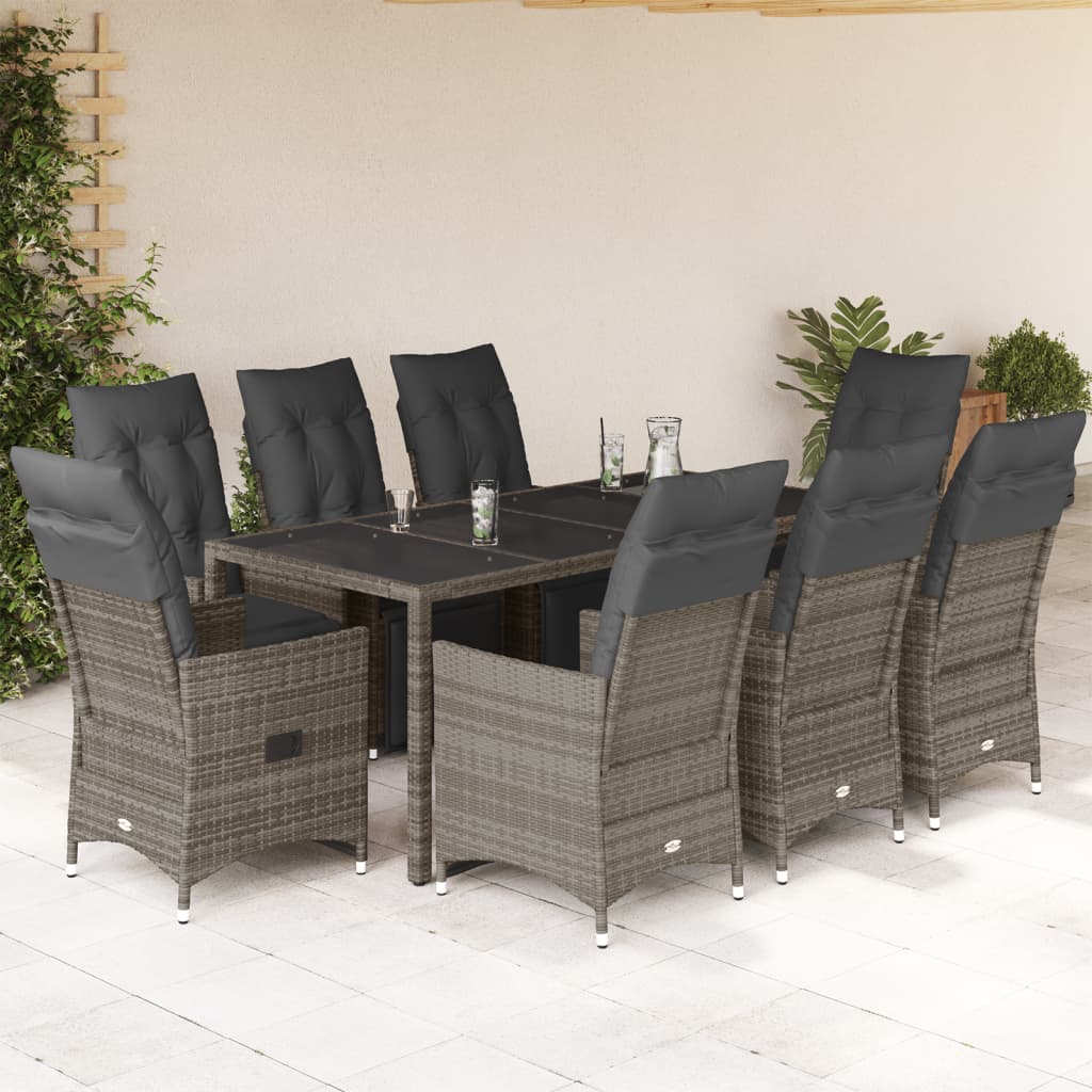 9-dijelni vrtni bistro set od poliratana s jastucima sivi Siva 190 x 90 x 75 cm