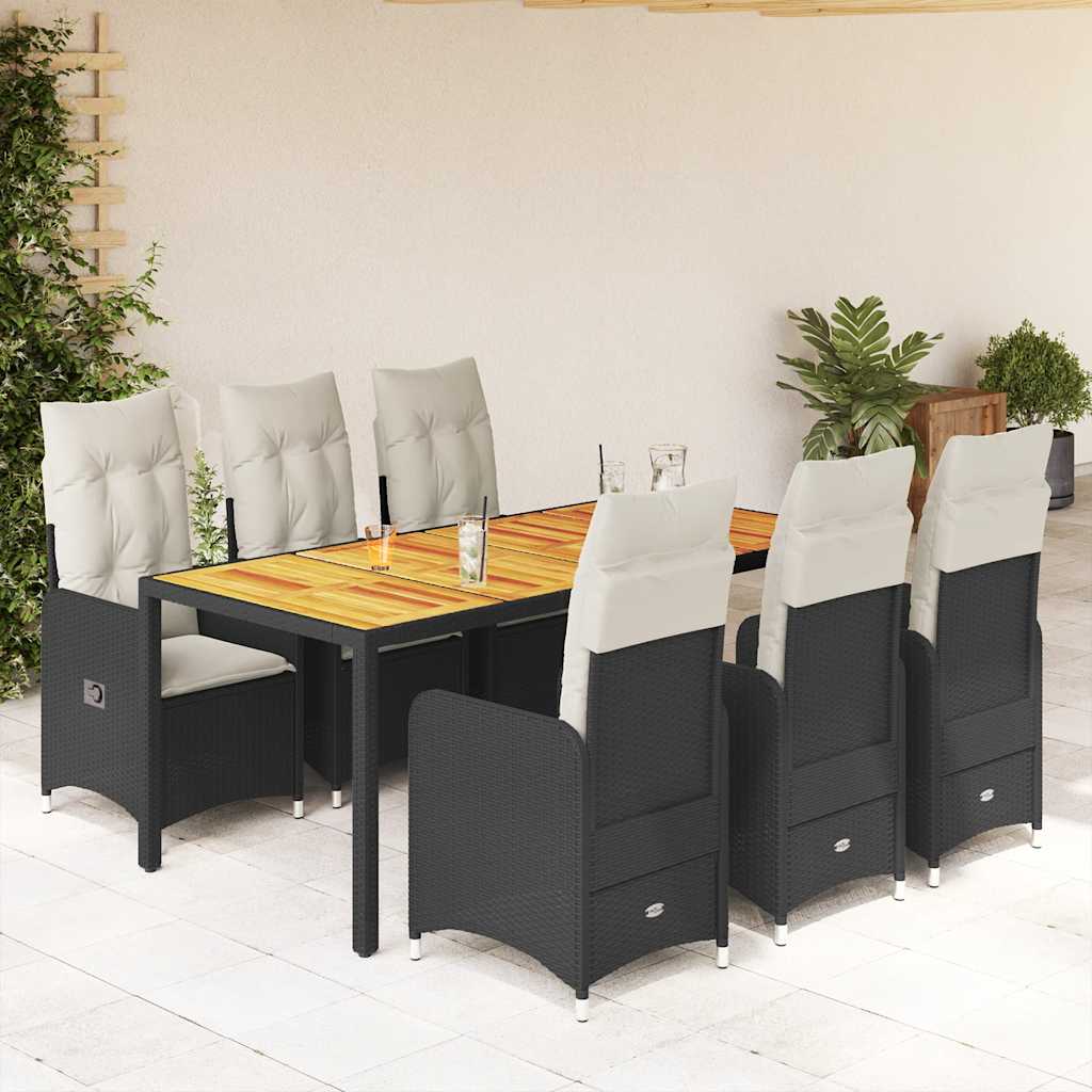 7-dijelni vrtni bistro set od poliratana s jastucima crni