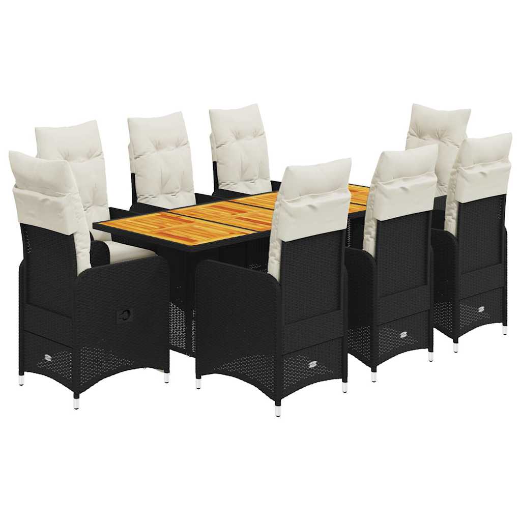 9-dijelni vrtni bistro set od poliratana s jastucima crni Crna 190 x 80 x 75 cm
