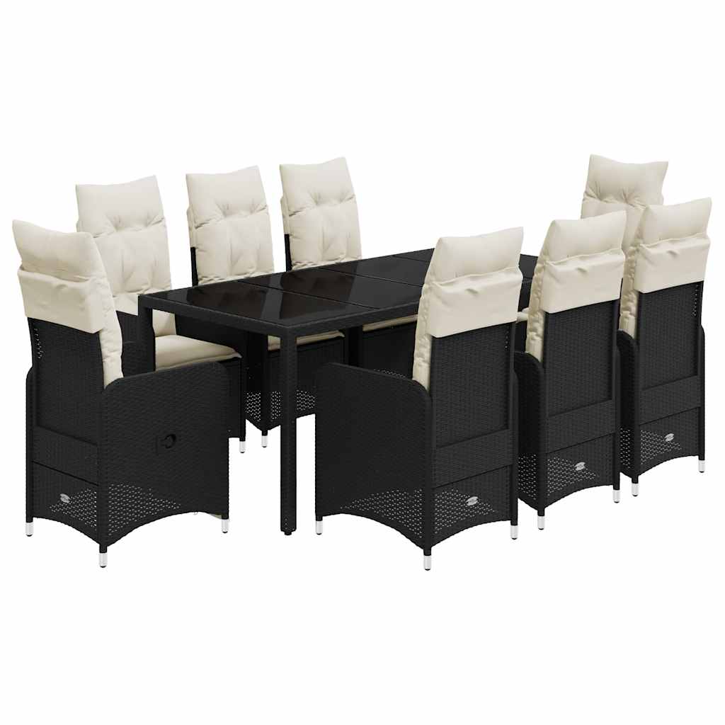 9-dijelni vrtni bistro set od poliratana s jastucima crni Crna 190 x 90 x 75 cm