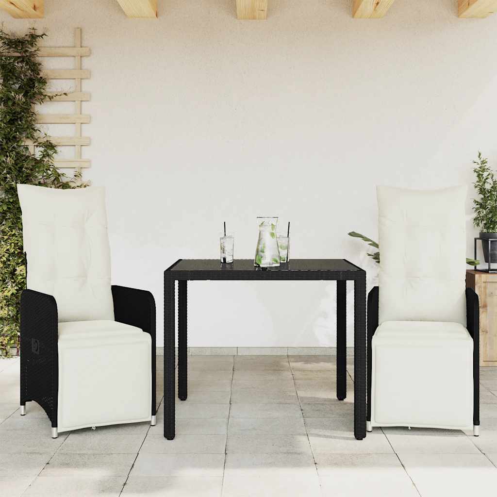 3-dijelni vrtni bistro set od poliratana s jastucima crni