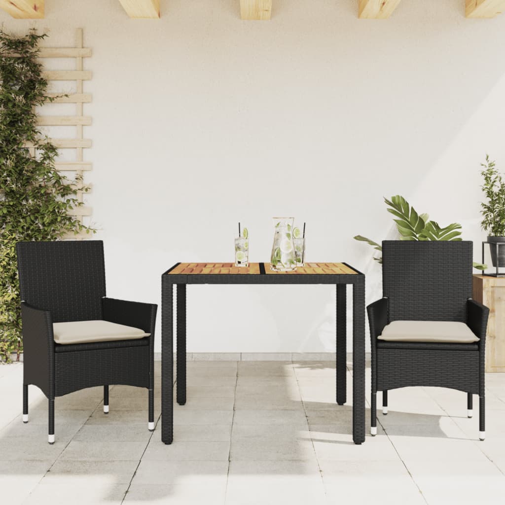 3-dijelni vrtni blagovaonski set s jastucima poliratan i bagrem Crna 90 x 90 x 75 cm