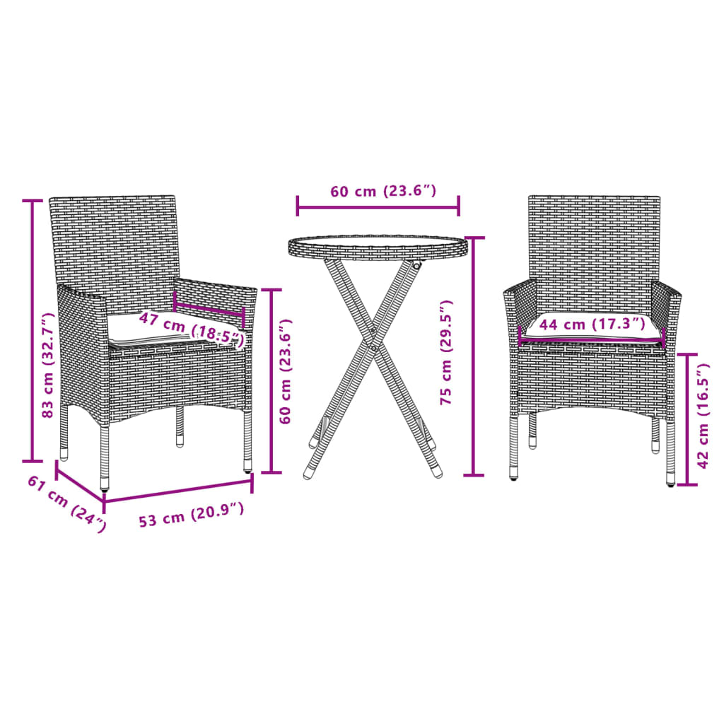 3-dijelni bistro set s jastucima od poliratana i stakla sivi