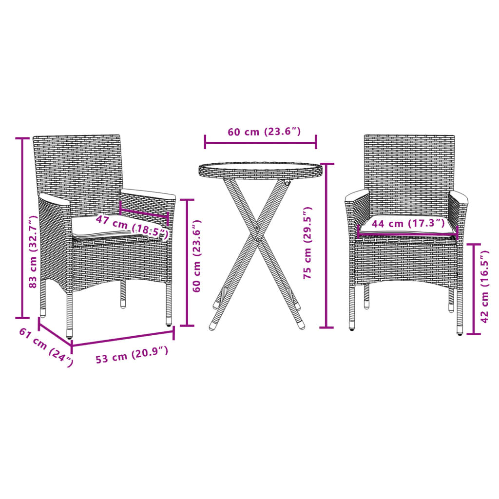 3-dijelni bistro set s jastucima sivi poliratan i drva bagrema