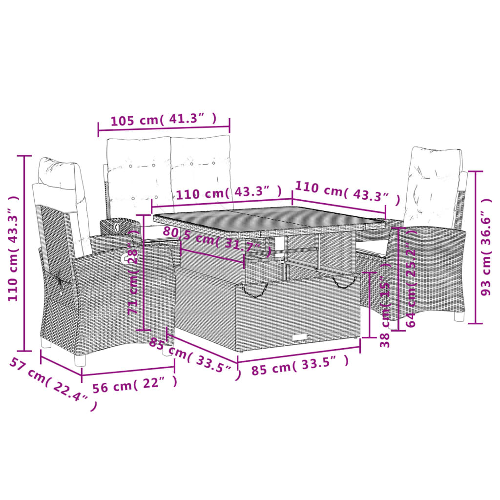 4-dijelni vrtni blagovaonski set od poliratana s jastucima bež