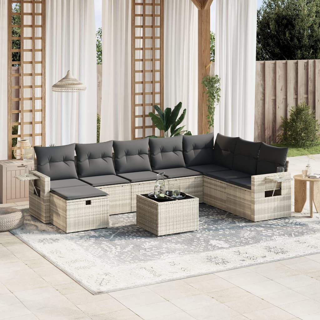 9-dijelni set vrtnih sofa od poliratana s jastucima svjetlosivi