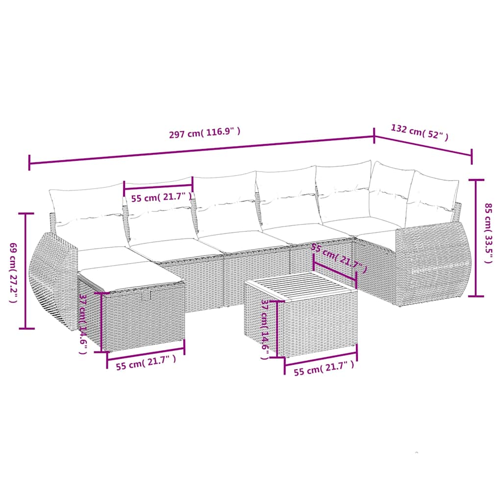 8-dijelni set vrtnih sofa od poliratana s jastucima sivi