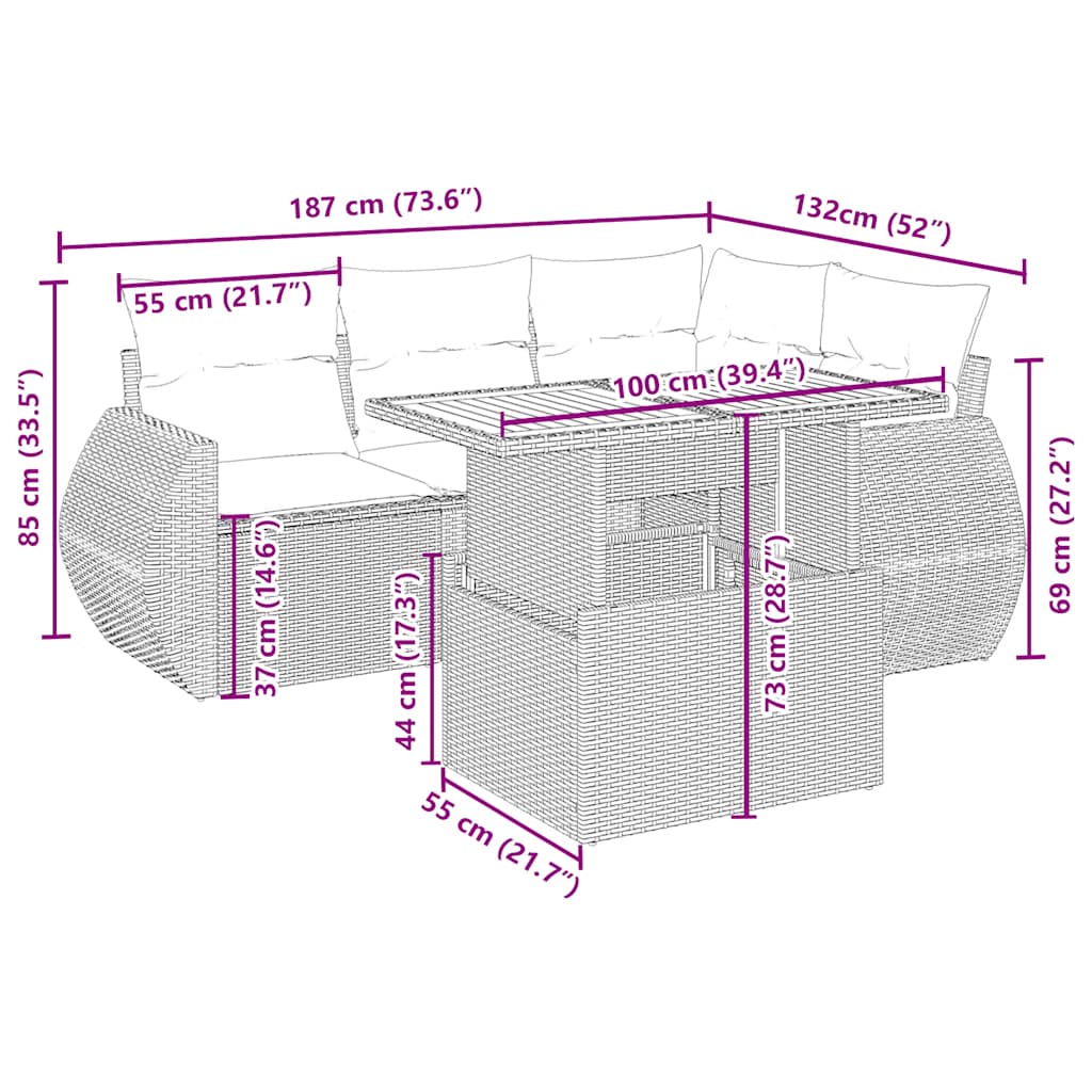 5-dijelni vrtni set sofa s jastucima bež od poliratana