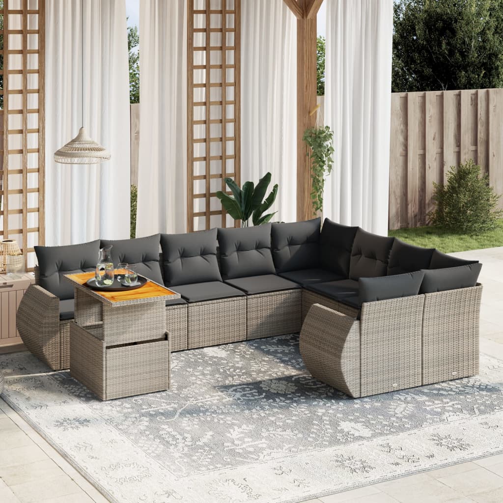 10-dijelni set vrtnih sofa od poliratana s jastucima sivi