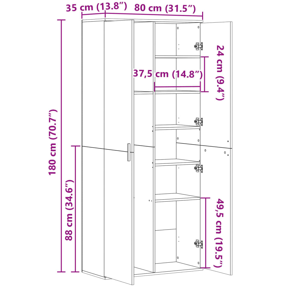 Visoka komoda dimljeni hrast 80x35x180 cm konstruiranog drva
