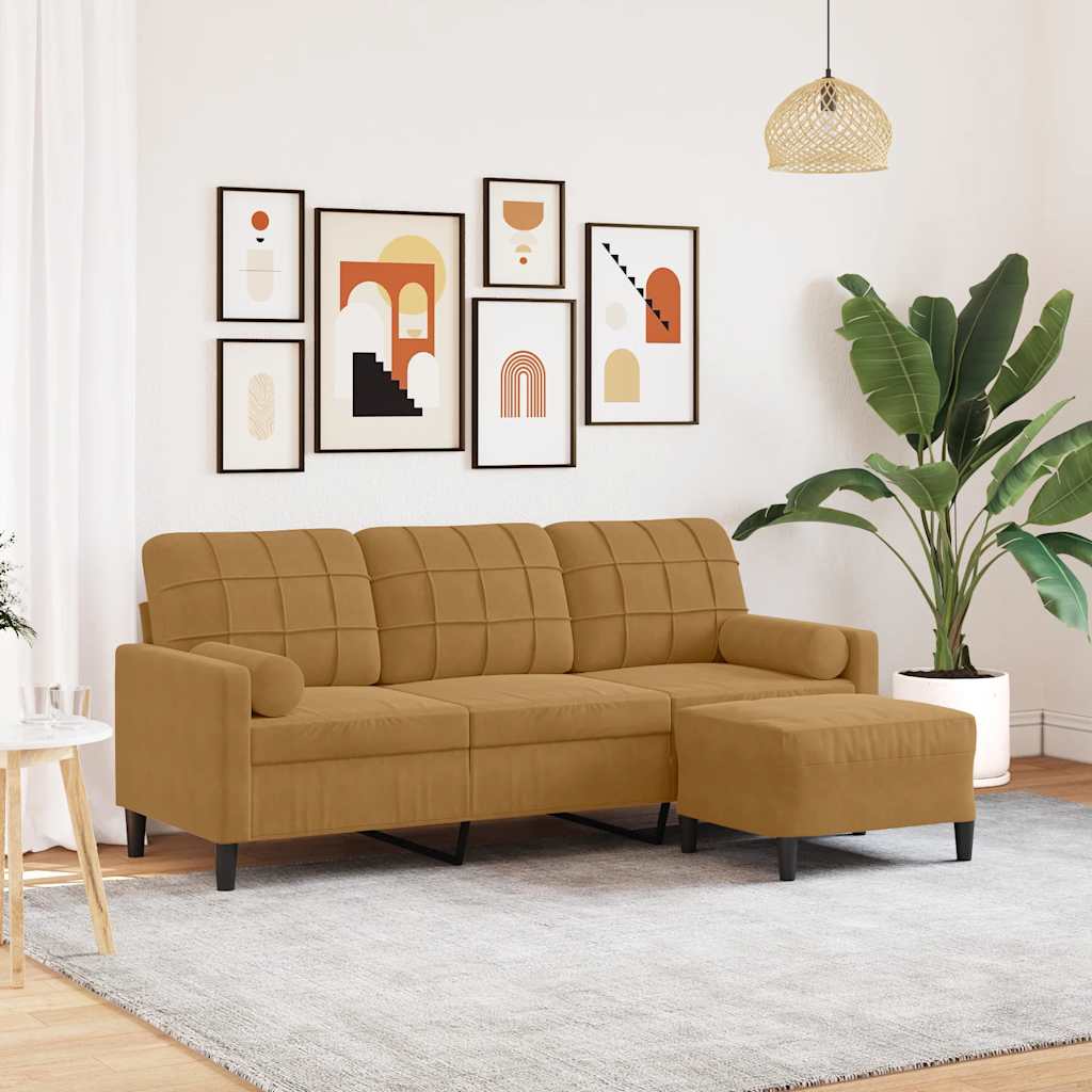 Trosjed s tabureom smeđi 180 cm baršunasti
