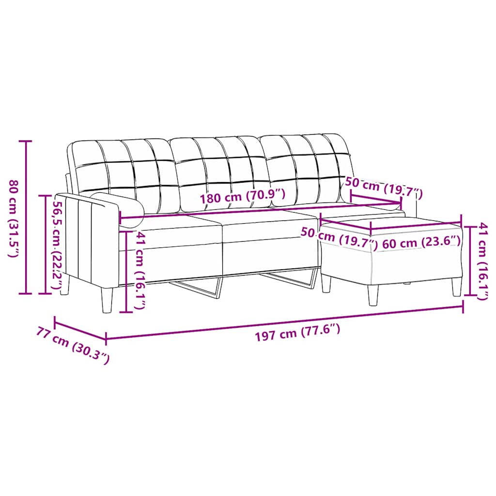 Trosjed s tabureom krem 180 cm baršunasti